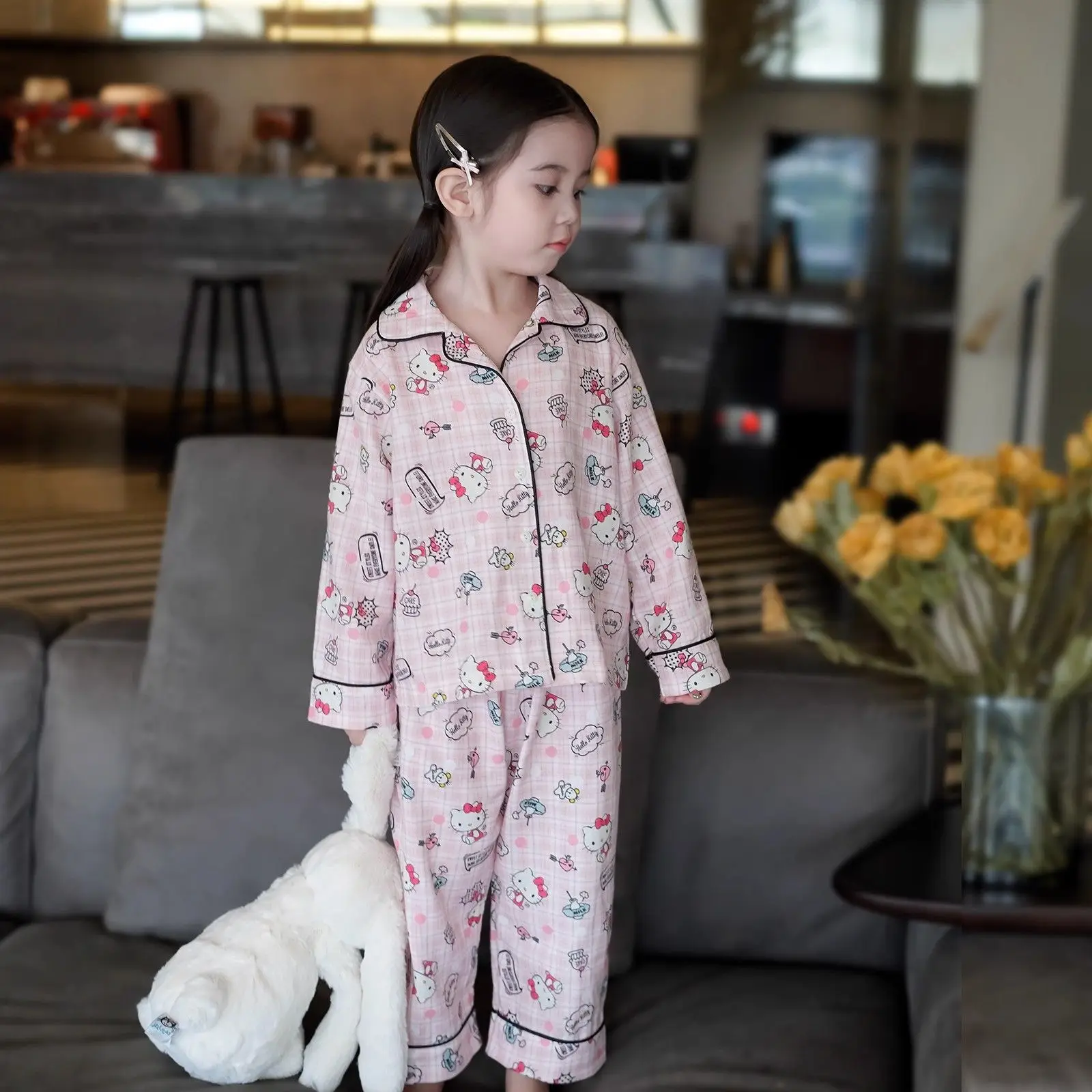 

Новые женские пижамы Sanrio Hello Kitty, комплект из 2 предметов, милый комплект домашней одежды с длинными рукавами и рисунком для девочек, удобная детская одежда для сна