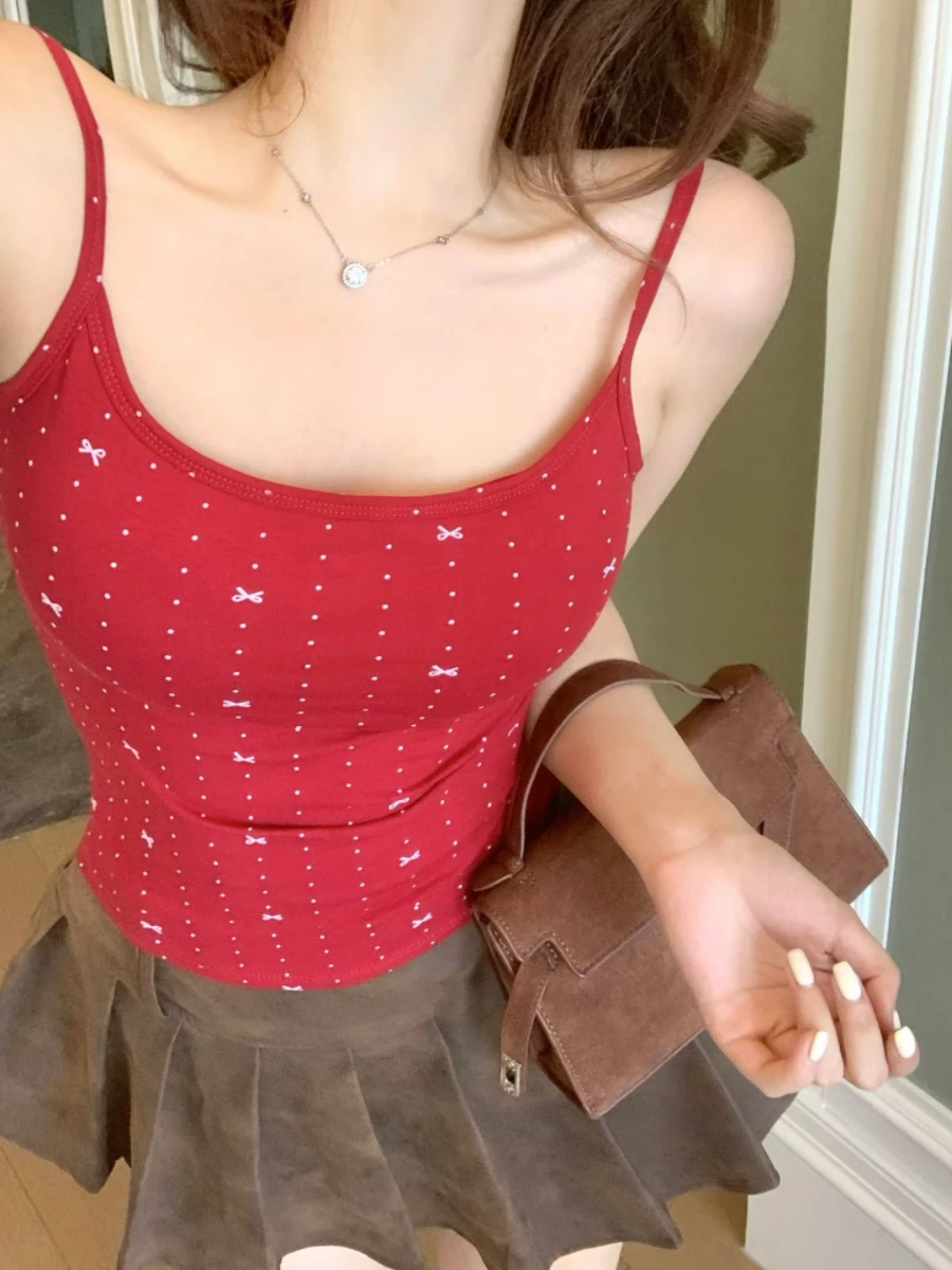 

Sexy Polka Dot Bow Tie Camisole Top Women's Autumn Winter Inner Wear Red Spicy Girl Outerwear Beautiful Back Strap Chest Pad ...