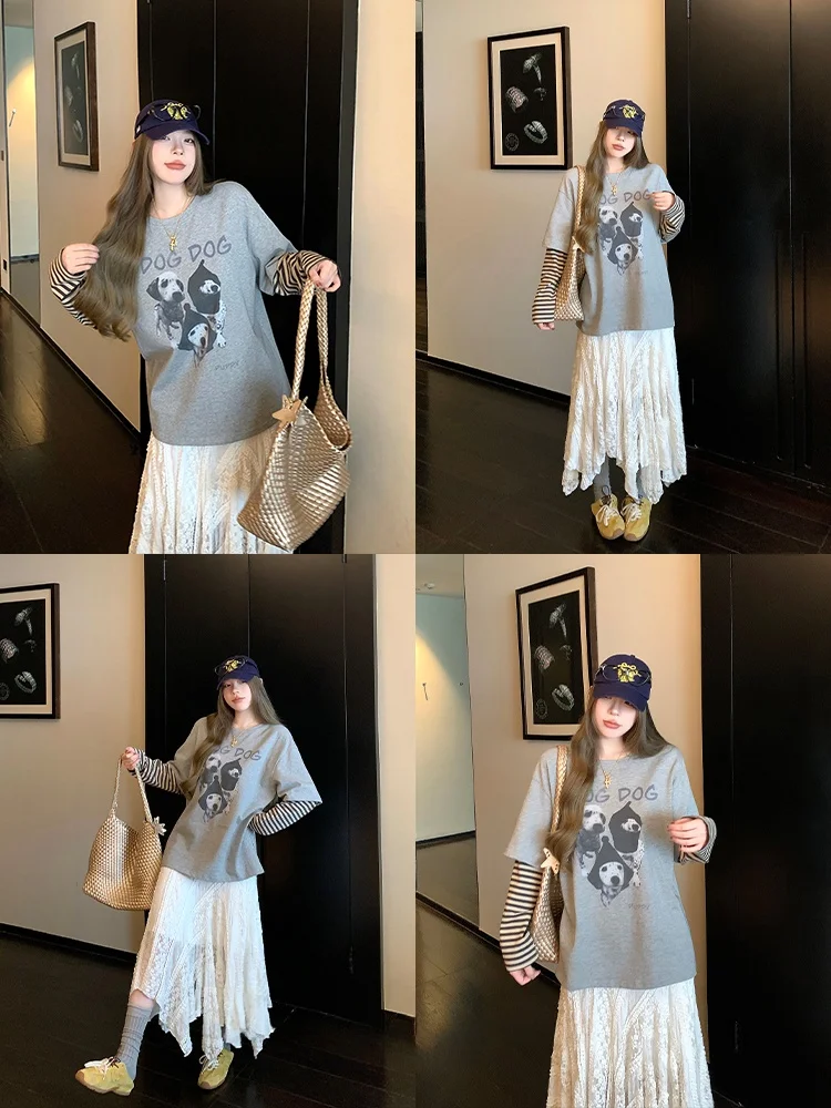 Grey Long Sleeve round Neck Loose T-Shirt for Women Spring Autumn Dog Print Casual Comfortable Breathable Korean Style Top