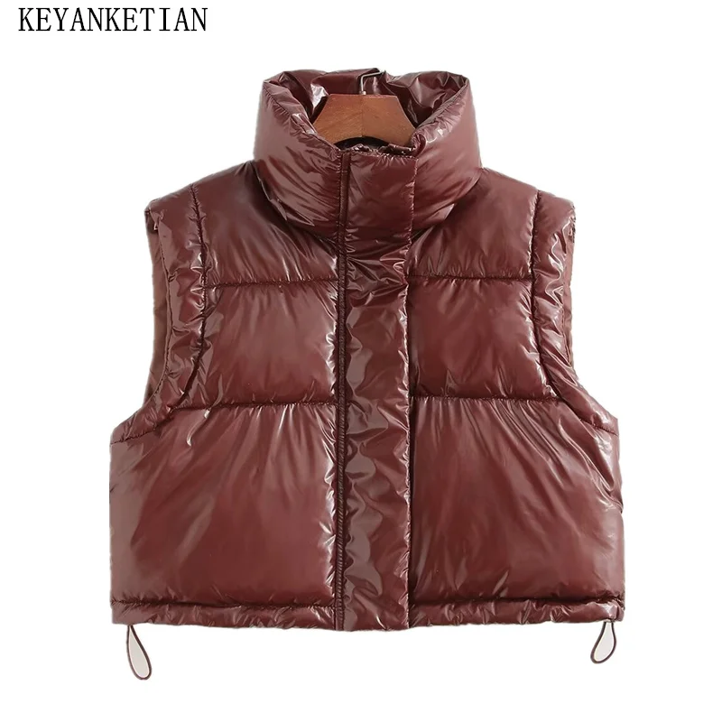 KEYANKETIAN New Women\'s Bright Coated Effect Cotton-Padded Coat Sleeveless Padded Vest Autumn Stand collar Crop Blazer Waistcoat