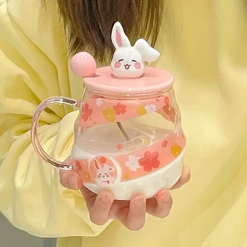 New rabbit glass with lid spoon for women's high-value office large-capacity strap 121