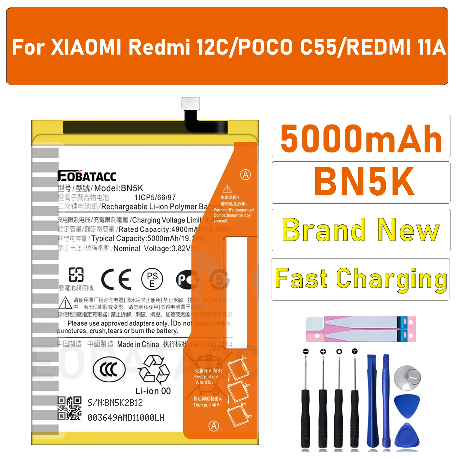 

100% New Original BN5K 5000mAh Battery For Xiaomi Mi Redmi 12C /11A/Poco C55 Mobile Phone Replacement Batteries