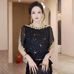Chiffon Shirt 2025 Summer New Temperament Shirt Thin Pullover Short-sleeved Top for Women