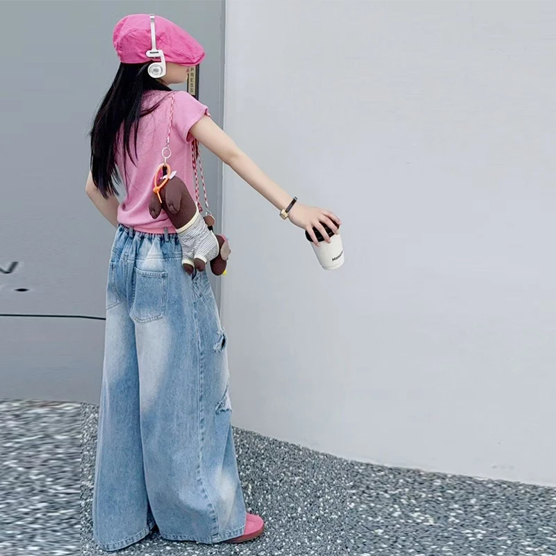 Girls Vintage Y2K Cut Hole Ripped Jeans Street Style Trend Summer Versatile Medium Large Child New Fashion Jeans Without Belt