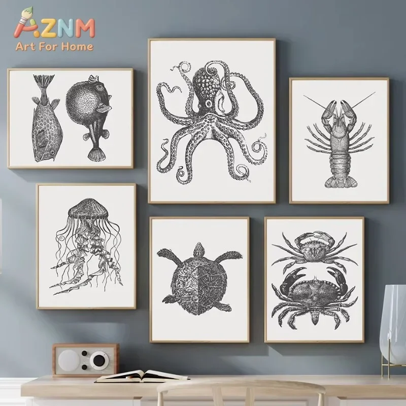 Vintage Black White Marine Animal Canvas Wall Art Octopus Turtle Crab Jellyfish Sea Creature Sketch Print Unframed Canvas Poster