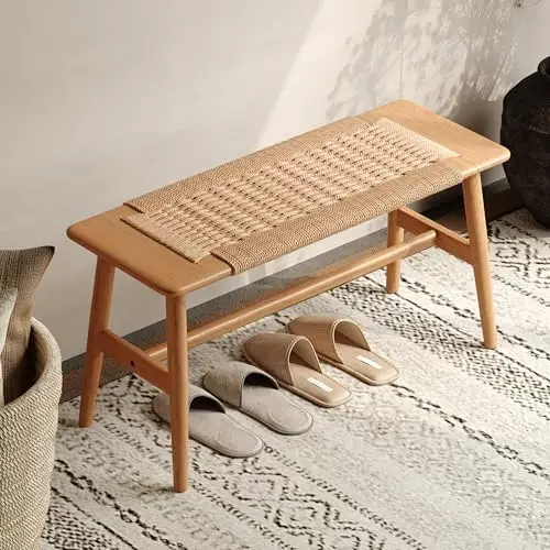 100% Solid Oak Wood Bench,Hand Woven Design,Solid Mortise and Tenon Construction-Solid Structure of Chair Legs,Woven