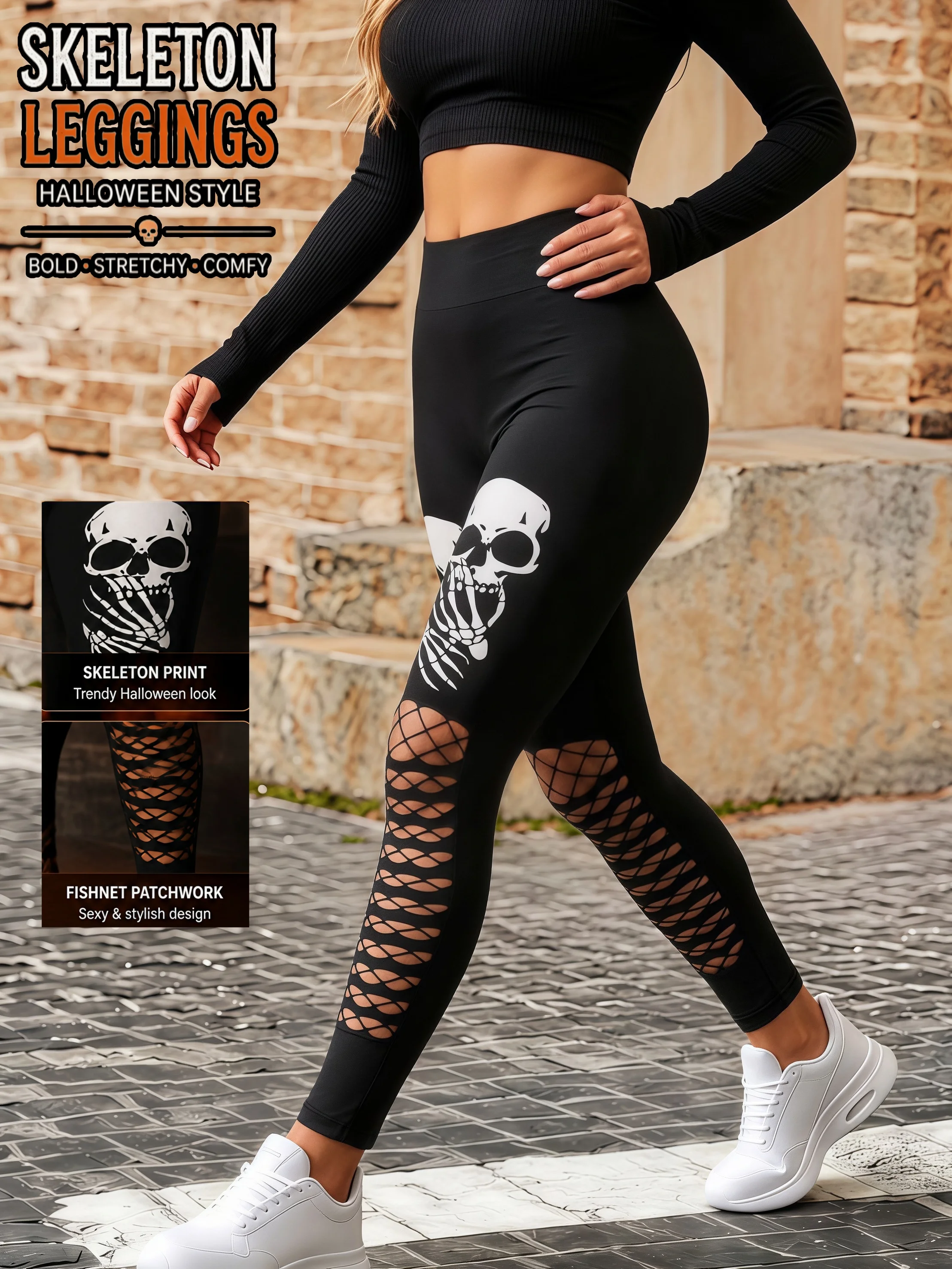 Damen-Halloween-Leggings mit Skelett-Muster, seitlichem Netzstoff, Ausschnitten und Patchwork-Design, hoch elastische Hose für Cosplay-Partys. – Detail 4