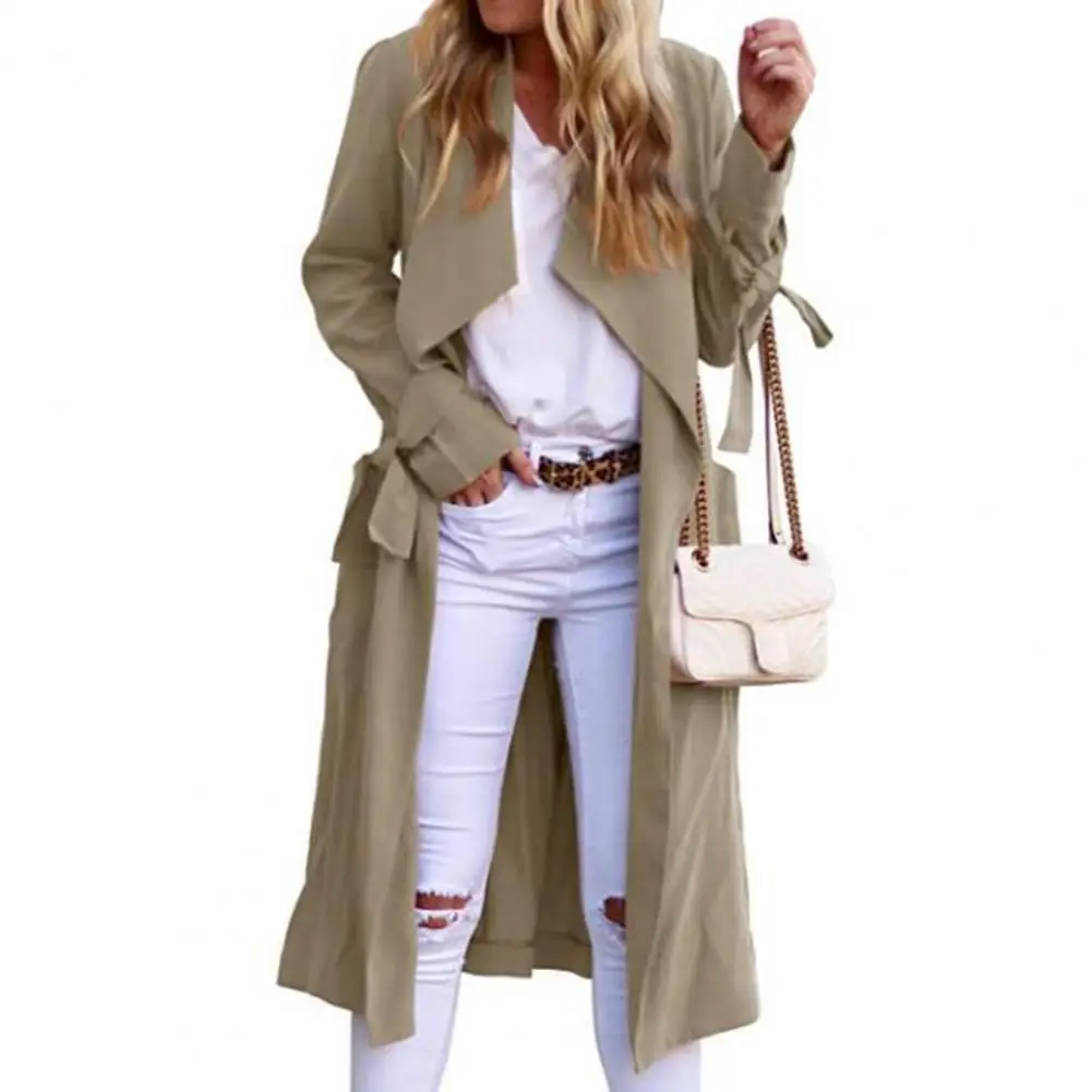 Lungo Trench donna tinta unita maniche lunghe soprabito con cintura prevenire tasche a vento Cardigan giacca autunnale Casual