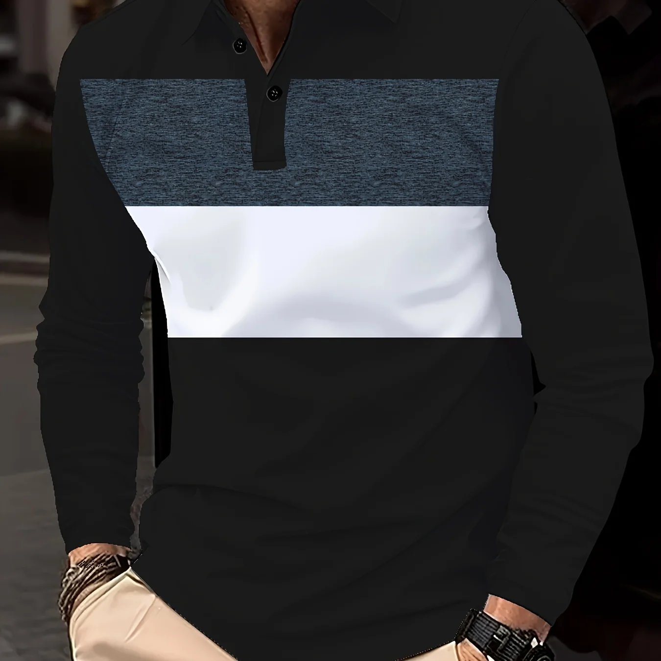 

Autumn Winter 3D Color-blocking Printed Men's Long Sleeve POLO Shirt Business Casual Turn-down Collar Buttoned Men Clothing ﻿