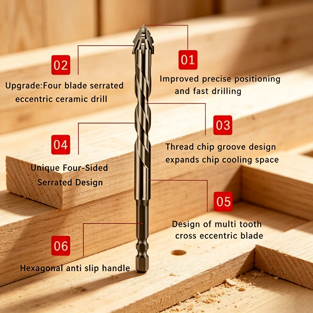 3/5Pcs 4/5/6mm Four-Blade Dry Drill Bits, Eccentric Tile Drill Set for Ceramic, Glass, Marble, Brick & Concrete Drilling image 3