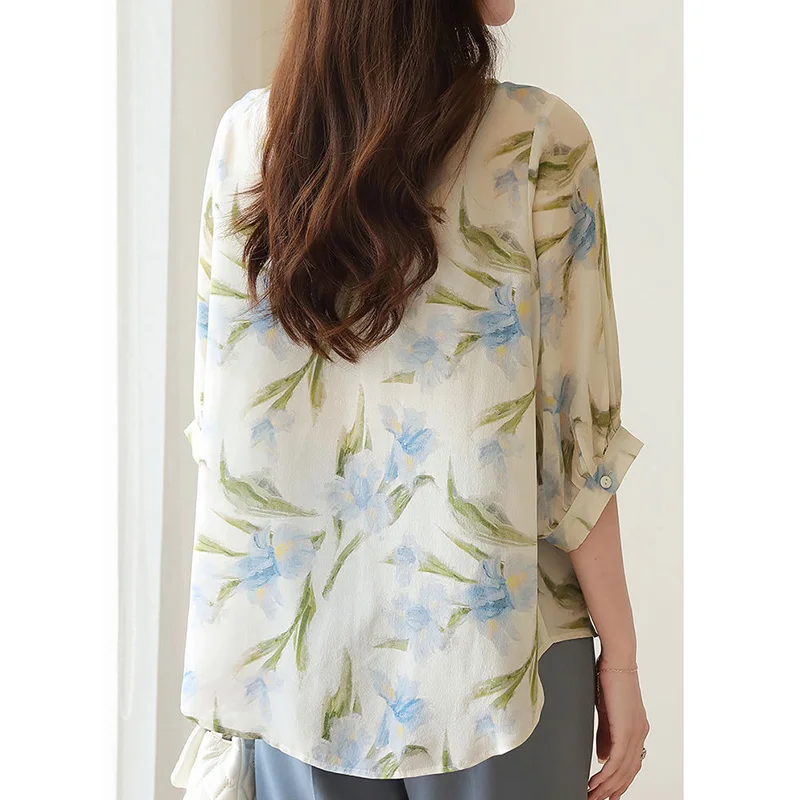 Summer New Fashion Stand Collar Single Breasted Shirt Office Lady Printing Loose-fitting Three Quarter Sleeve Chiffon Blouse