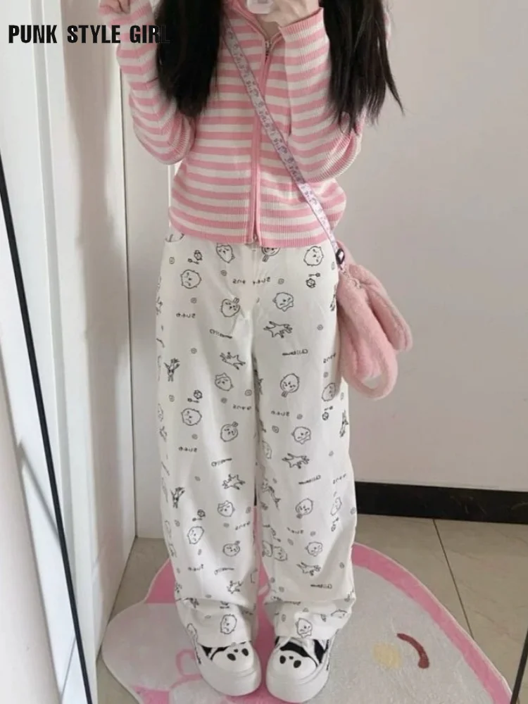 

2025 Sweet High Straight Loose Baggy Women Japanese Style Pants Soft Girl Y2k Kawaii Harajuku Cute Cartoon Print Loose Trousers