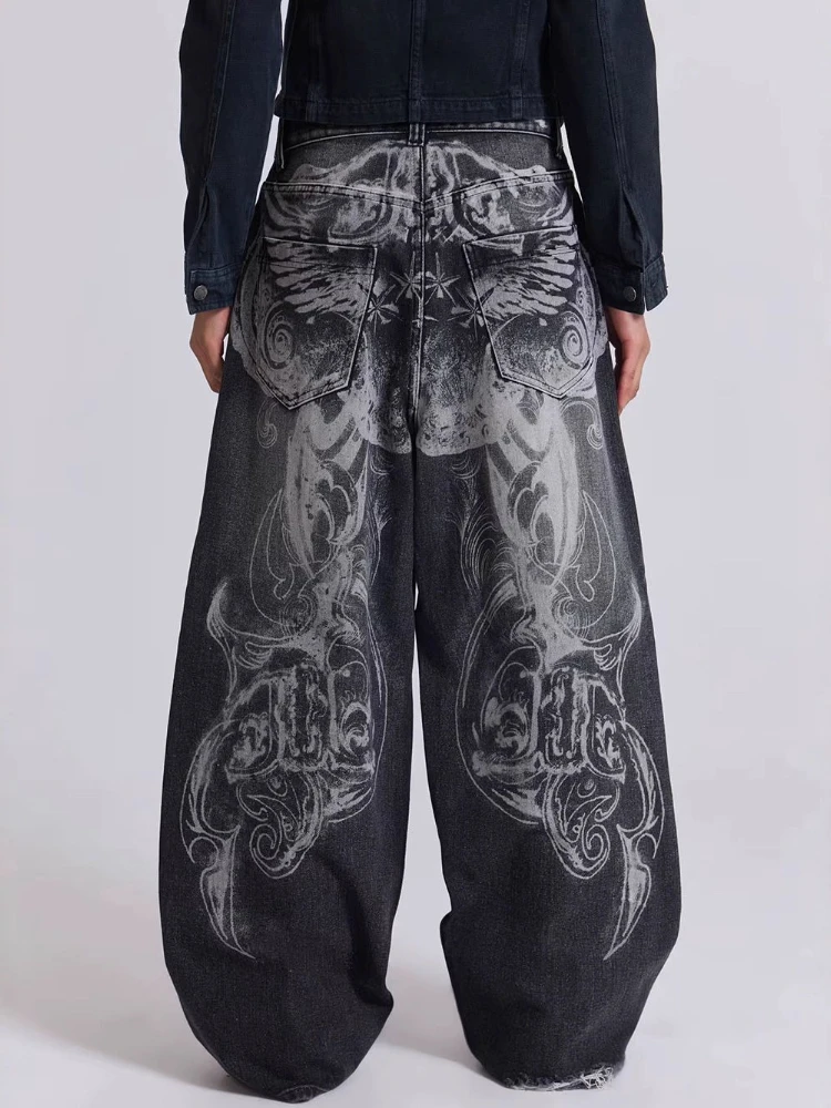 Celana Jeans Wanita dan Pria Gaya HOUZHOU Y2k Gothic Vintage, Grafis, Robek, Grunge, Dicuci, Kaki Lebar, Gaya Amerika, Denim, Baggy, High Street