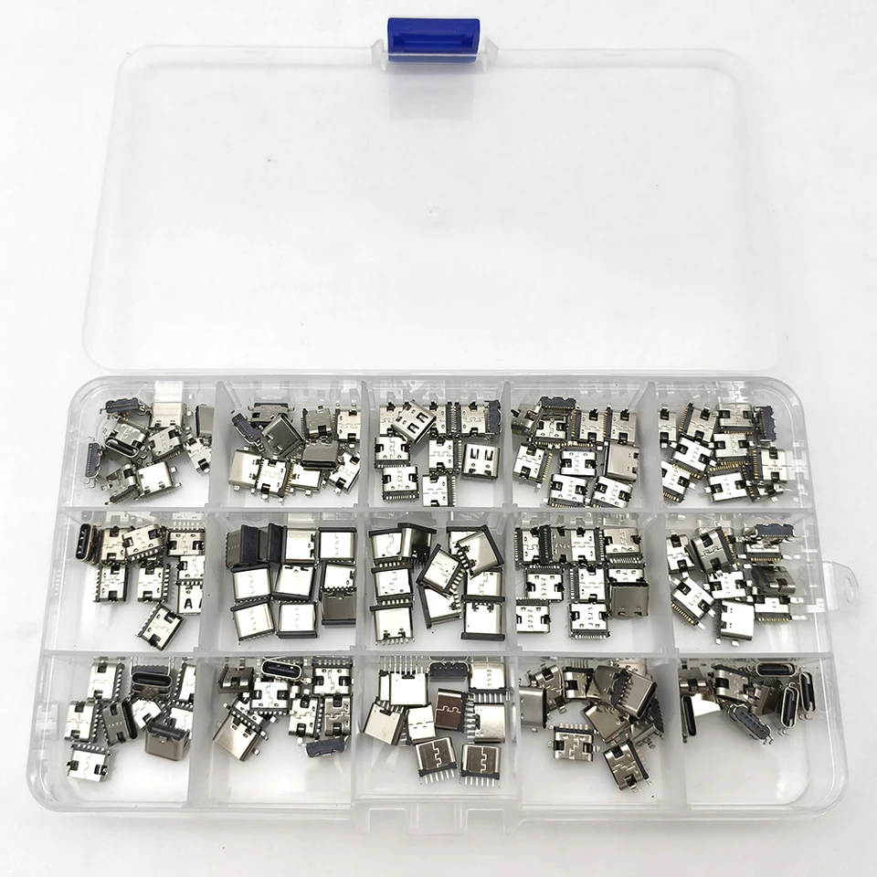 Caja de 150 piezas de conectores de carga tipo C USB, puertos de carga de 6 pines y 16 pines para reparación de teléfonos y productos digitales 2