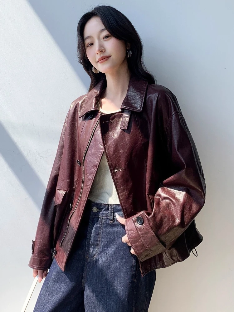 Lässige kurze Echtlederjacken für Damen, Frühling und Herbst 2022, neuer High-End-einfacher, lockerer, weicher Mantel aus echtem Ziegenleder