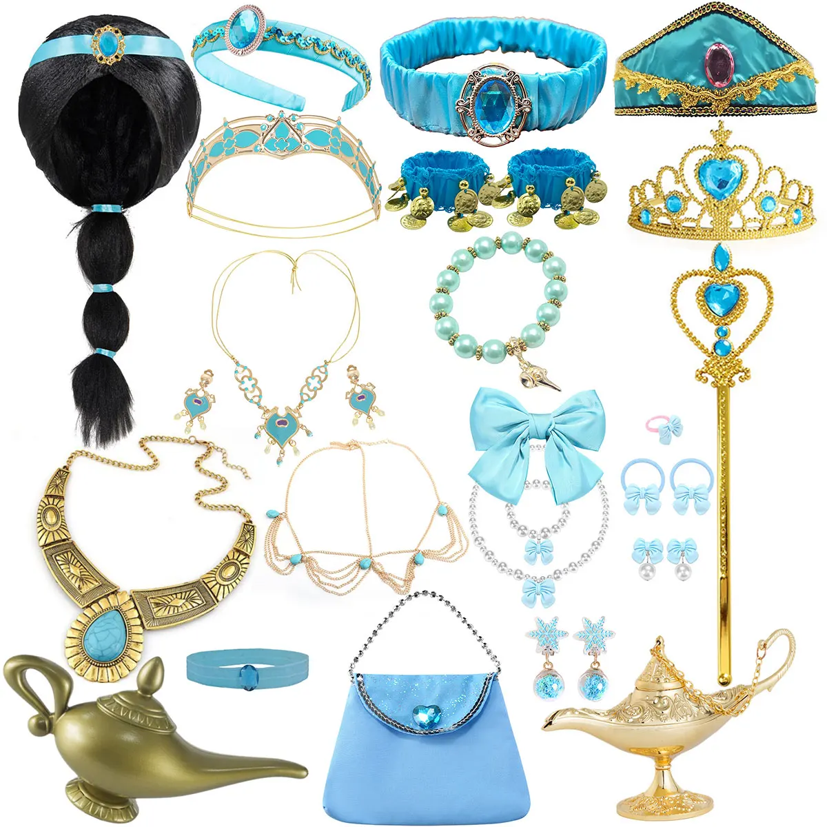Collection d'accessoires Princesse Jasmine : Collier Lampe Magique, Bandeau, Bracelet, Couronne et Baguette Magique – Cadeau de fête pour filles