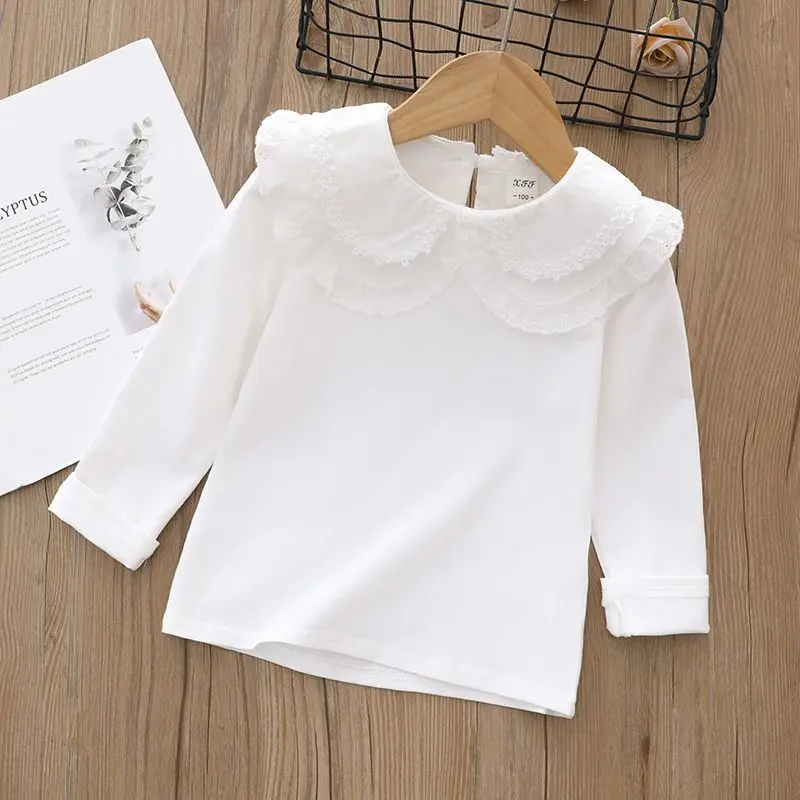 Baby Girls Long sleeved Bottom T-shirt Spring and Autumn Children's Embroidered White Shirt Flip Collar Doll Shirt Top