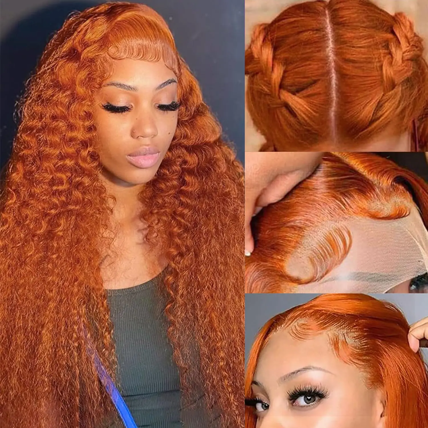 Gengibre laranja onda profunda perucas dianteiras do laço cabelo humano 13x4 encaracolado colorido laço frontal wighd renda transparente sem cola 350 cor peruca