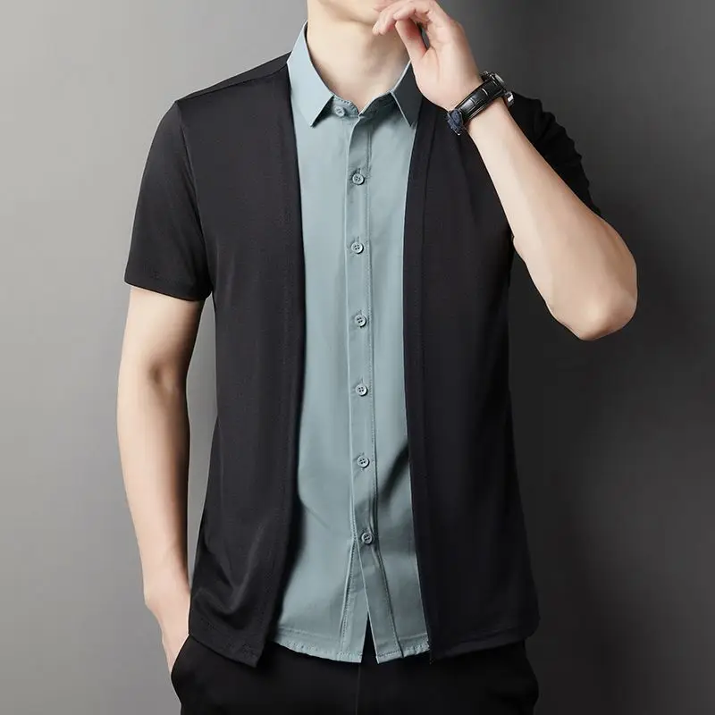 

High End Fashion Smart Casual Two Fake Pieces Shirt Summer New Versatile Short Sleeved Men Lapel Buttons Breathable Thin Tops
