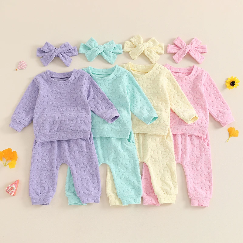 2024-05-22 Lioraitiin Toddler Girl Fall Outfit Daisy Embroidery Long Sleeve Sweatshirt with Elastic Waist Pants Headband Set