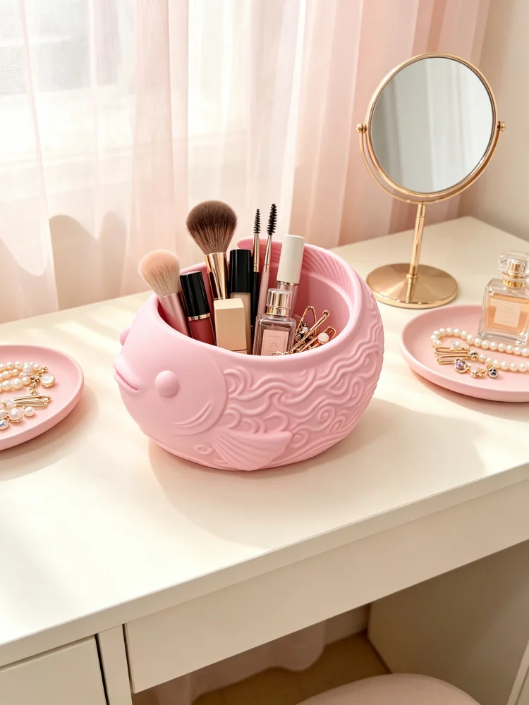Cute Fish-Shaped Storage Box, Animal-Shaped Storage Ornament, Embossed Wave Pattern Matte Texture Petg Material, Desktop Storage Bowl, Jewelry Tray, Makeup Brush Holder, Storage for Hair Accessories, Small Ornaments, Stationery, Dressing Table, Office Desk, Study Table, Bathroom Countertop, Home Decor Ornament, Gift Choice for Girls