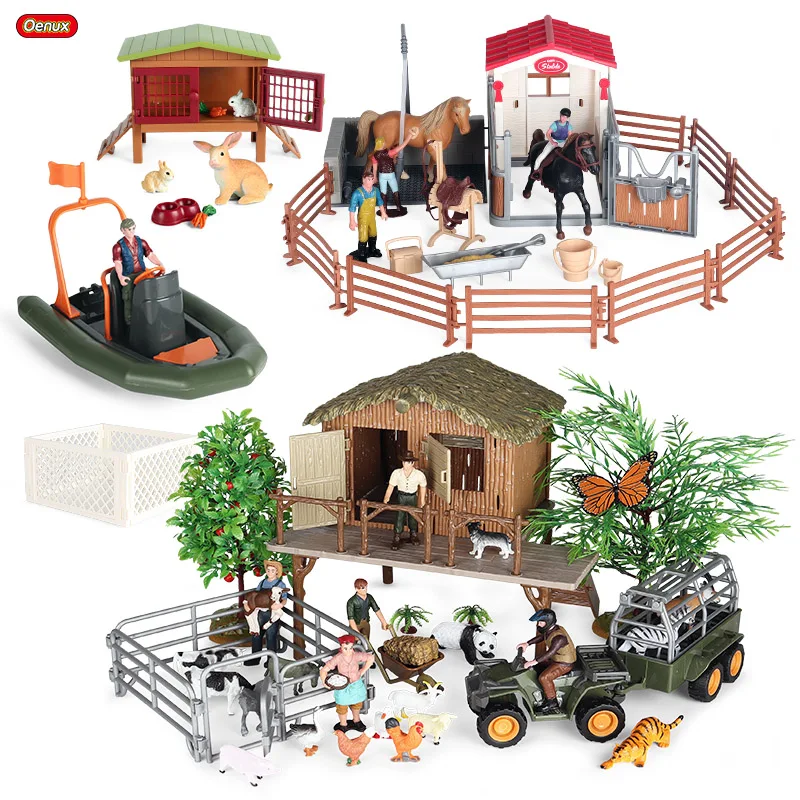 Oenux-Simulação Funny Farm Animal Toy Set para Crianças, Action Figures Playset, Cavalo Estável Agricultor Cow Rabbit Model, Xmas Education Toy Gift