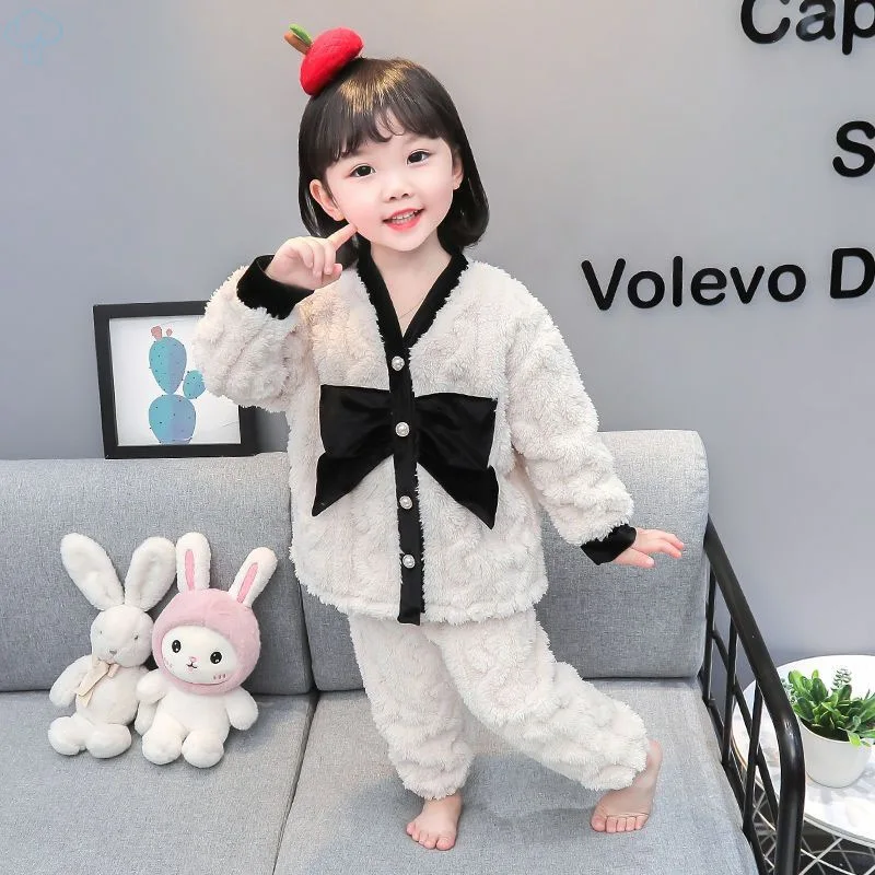 Bow Home Fur Girls Coral Plush Pajamas Autumn and Winter Thickened Warm Plush Pajamas 2-Piece Set