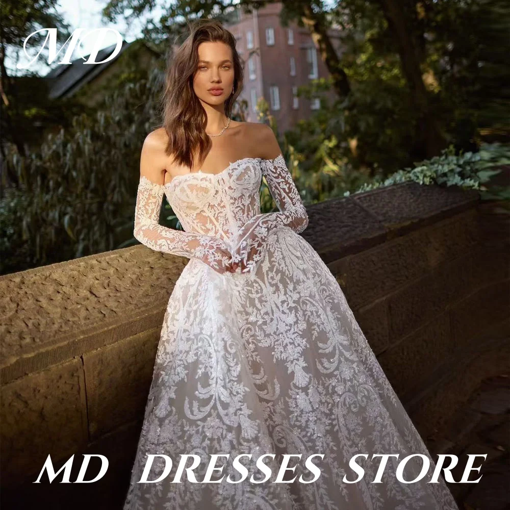 MD 2025 Modern White A-line Wedding Dresses Sweetheart Collar Floor-Length Bride Gowns Detachable Sleeves Embroidery Customized