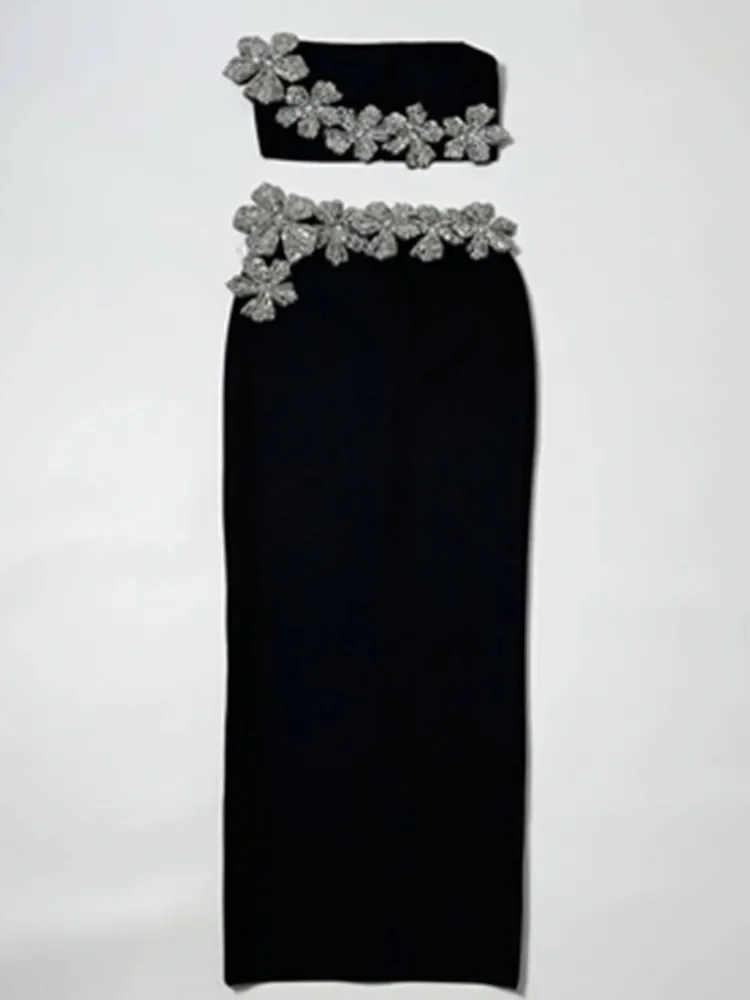 2024 Women Sexy Strapless Flower Diamonds Crystal Black Maxi Long Bandage Skirt Set Knitted Elegant Evening Club Party Clothing