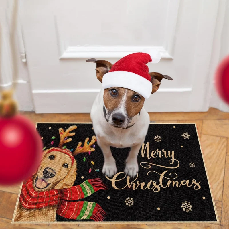 Merry Christmas flannel doormat, golden retriever, indoor and outdoor entrance, front door mat, 40 x 60cm