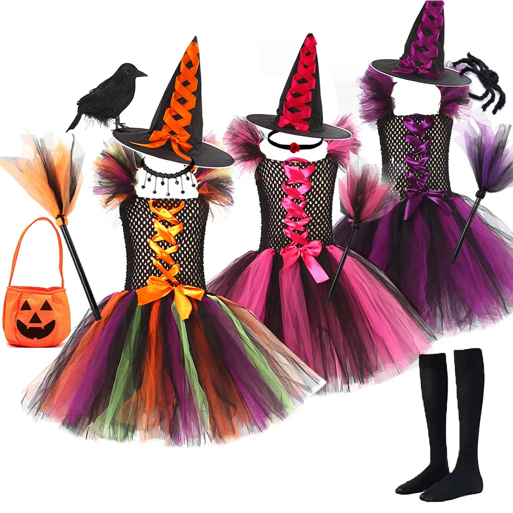 

Halloween Girl Costume Witch with Hat 2024 Fancy Carnival Disguise Party Children Clothing Fluffy Tutu Dress School Performance