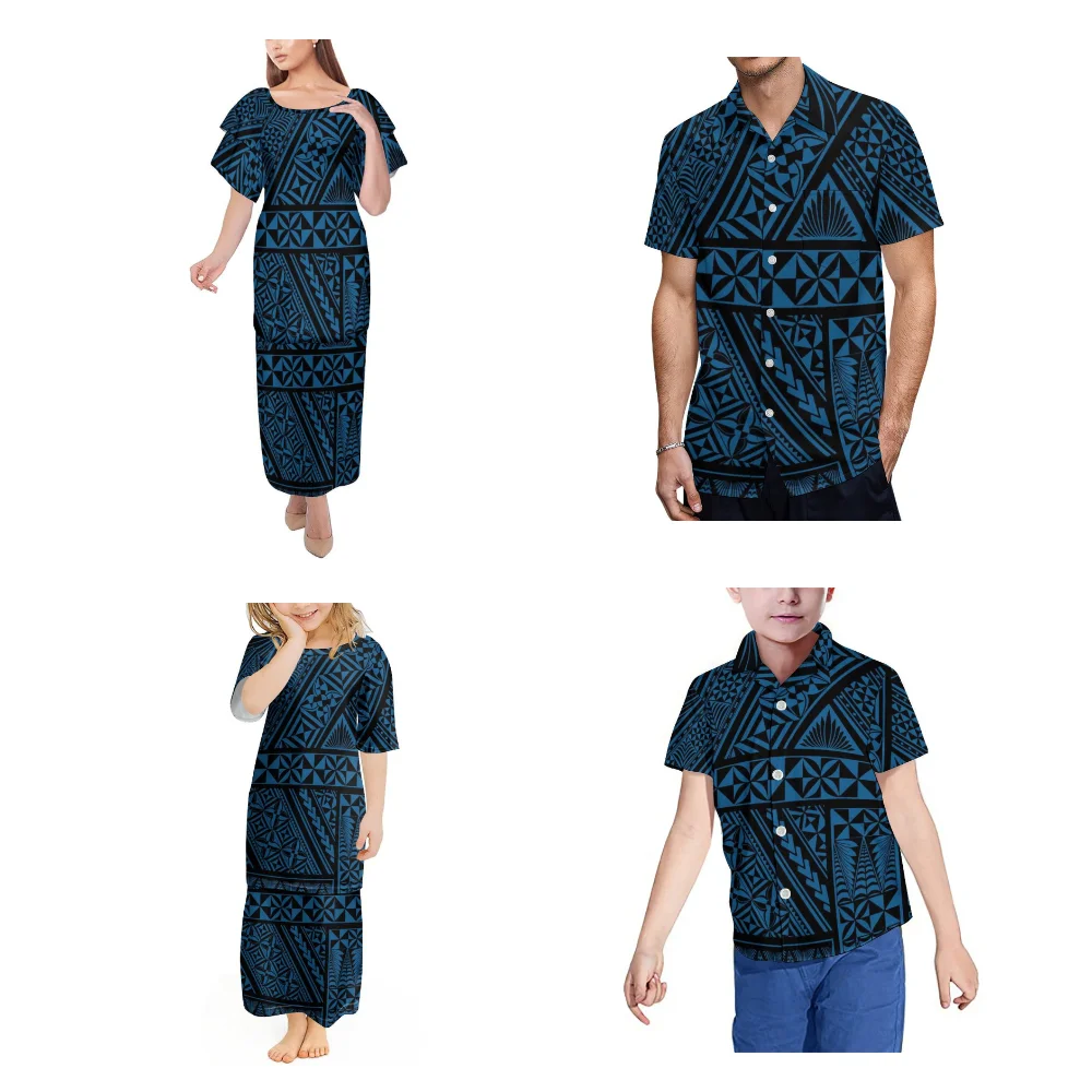 Abbigliamento per la famiglia personalizzato in stile tribale polinesiano Set per le vacanze da viaggio Abito Puletasi per madre-figlia Camicia casual per padre e figlio