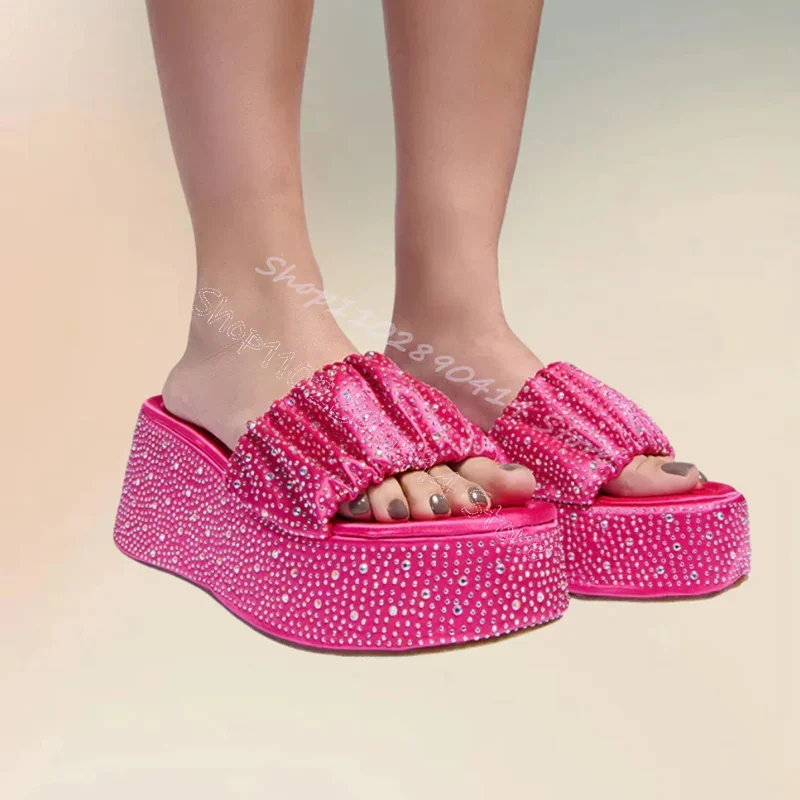 

Rose Red Pleated Design Rhinestone Platform Slippers Slip On Women Shoes High Top Open Toe Party Feast 2025 Zapatos Para Mujere