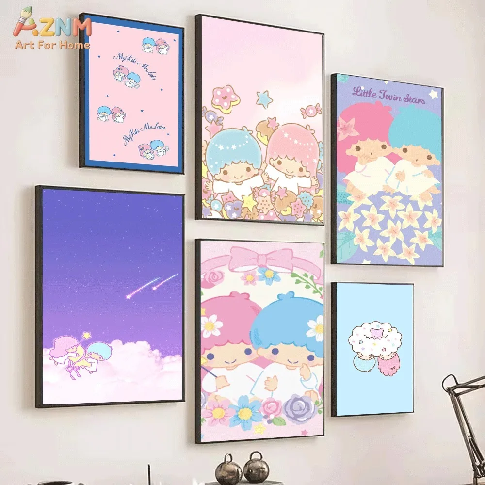 AZNM Little Twin Stars Kiki Lala Canvas Wall Art Cute Cartoon Flower Starry Sky Poster Print Kawaii Girls Room Decor Unframed