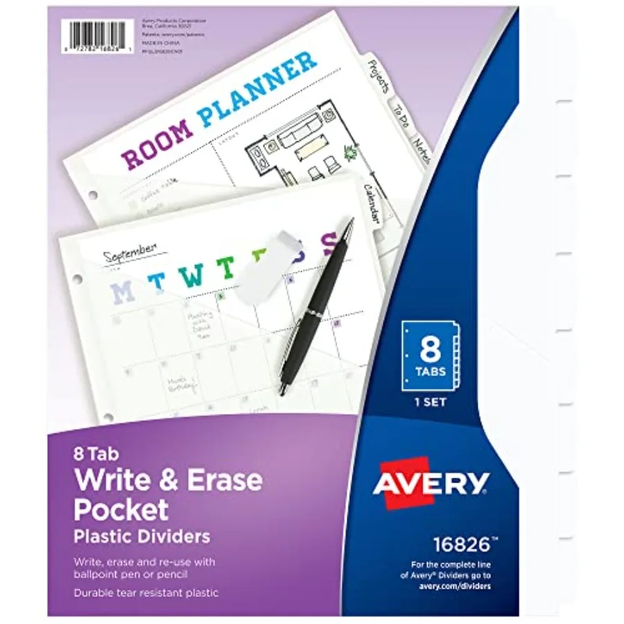 

Durable Plastic 8 Tab Write and Erase Dividers for 3 Ring Binders, Slash Pocket, Translucent White, Works with Sheet Protectors