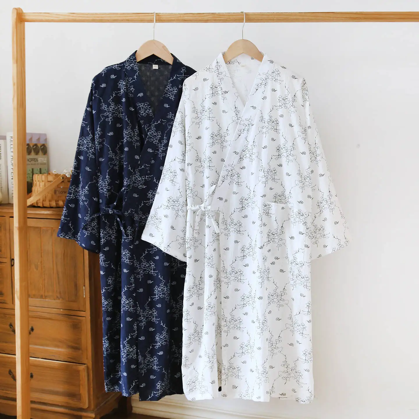 Plus Size Bathrobe Men's Long Style Cotton Cloth Spring and Summer Robe Men's Striped Steaming Home Bath Robe for Man