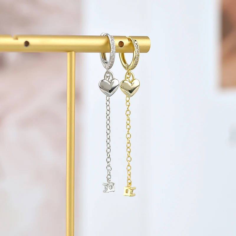 925 Sterling Silver Ear Needle Niche Design Heart Shape Pendant Chain Micro-set Zircon Earrings Sweet Romantic Wedding Jewelry