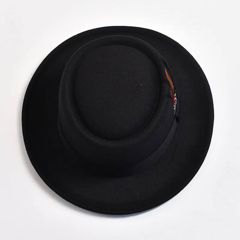 NEW Vintage Pork Pie Hat Mens Rolled Brim Felt Fedora Hat with Feather Gentleman Trilby Jazz Hats