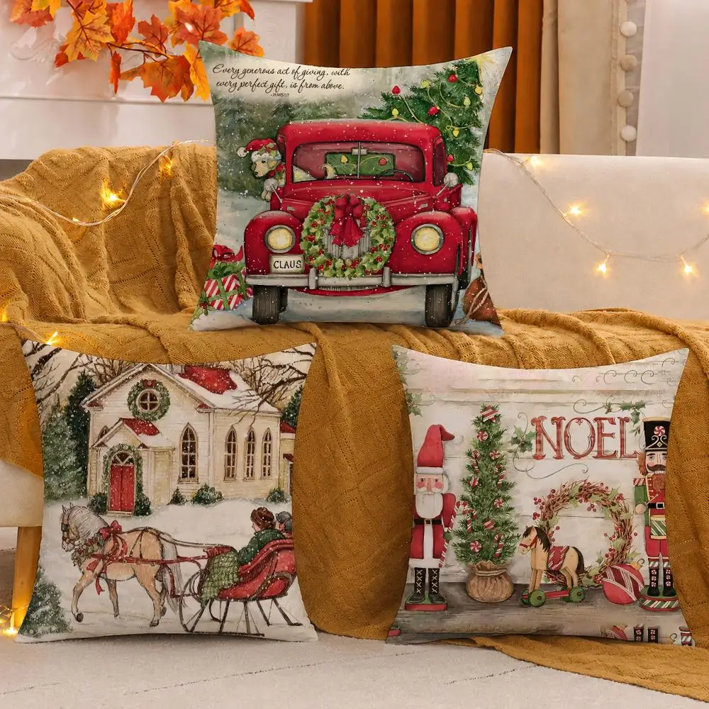 Red Christmas Candle Cushion Cover Soft Plush Sofa Cushion Cover Double-Sided Printed Decorative Pillow Case Warm Home Gift