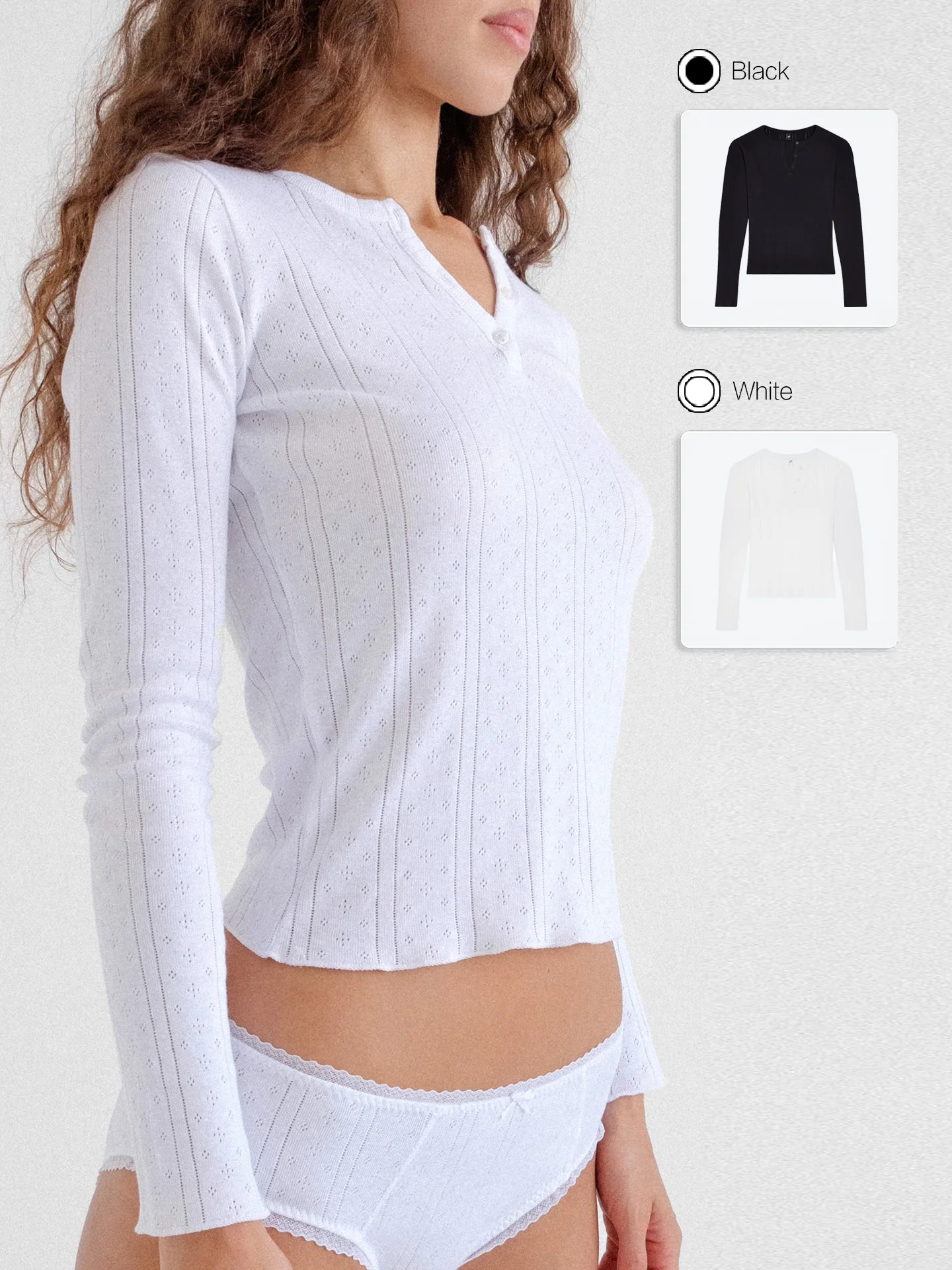 Cou Schwarz-weißes Langarm-Oberteil mit V-Ausschnitt, Slim-Fit-Basishemd aus reiner Baumwolle, langes Jacquard-T-Shirt mit Vintage-Henry-Kragen und Hohlstrickoberteil, Herbst- und Winter-Basishemd, lässige Heimkleidung für die Paarung im Freien