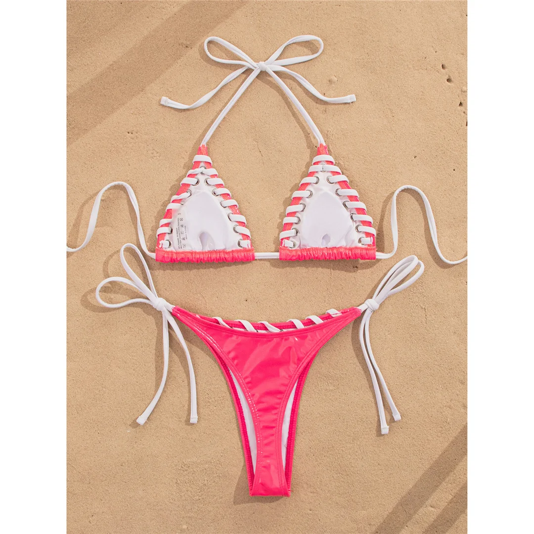 PU-Kunstleder-Bikini mit Neckholder, Damen-Badeanzug, zweiteiliges Bikini-Set, hoch geschnittene Beine, Badebekleidung, Badeanzug, Modell V8095 – Detail 5