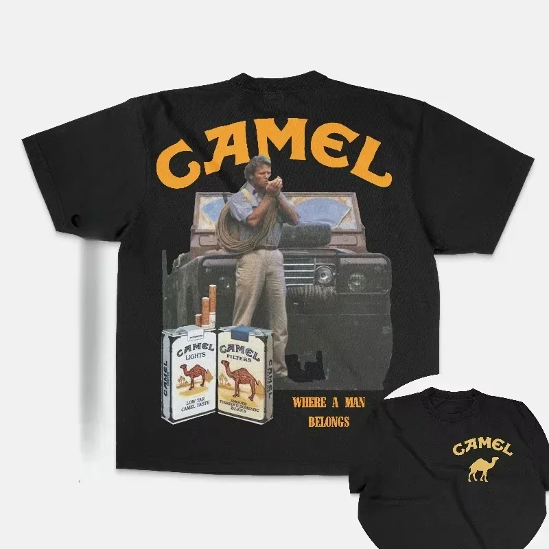 2026 Summer New Retro Car Camel Pattern Cigarette High-Quality Comfort Round-neck Printed T-Shirt