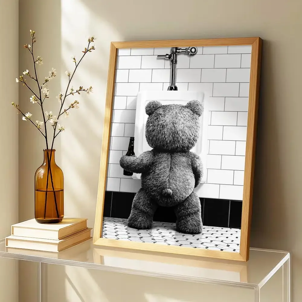 Teddy Bear with Beer in Bathroom Painting Calligraphy Canvas Poster Art for Bedroom Room Home Decor Wall Decoration Decals Gift