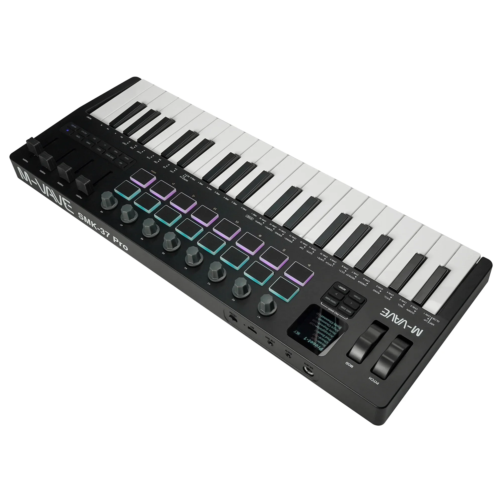 M-VAVE SMK-37 Pro 37키 휴대용 MIDI 컨트롤러 블랙 화이트 16 RGB 패드 8개 노브 내장 신디사이저 키보드 음악 제작