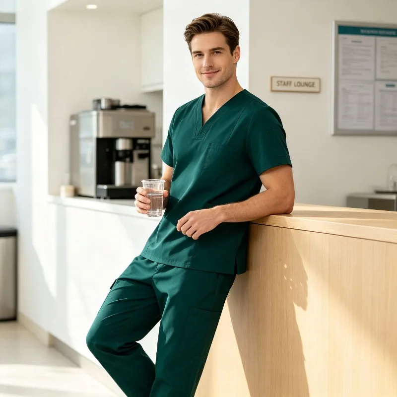 Unisex Scrub Set Short Sleeve Stretch Workwear for Beauty Salon Clinic Logo Embroidered