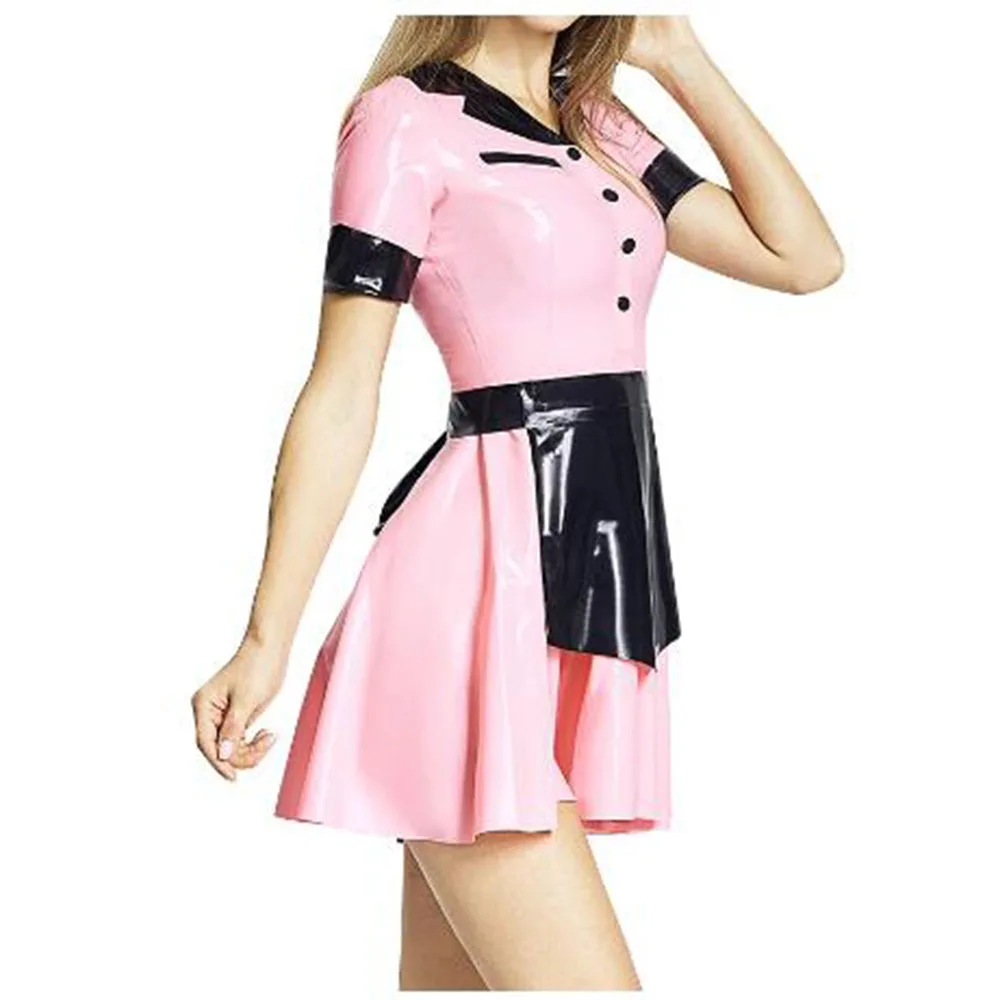 

Latex Maid Uniforms for Party,Short Sleeve,French Maid Dress,Sissy Fetish,PVC Cosplay Costume,Latex Look,Button-up A-line