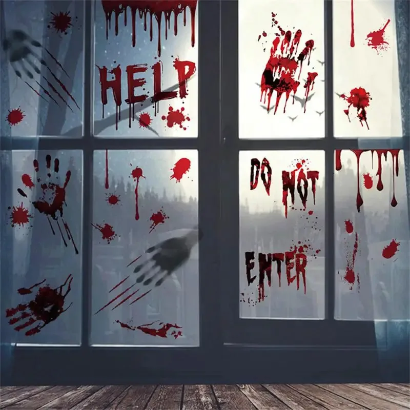 Horror Bloodstains & Blood Skull Stickers - Handprints Footprints Window Stickers, Halloween Decoration Horror Stickers