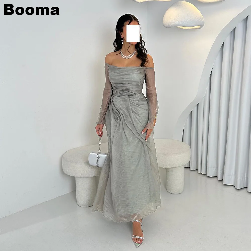 

Booma Grey A-Line Prom Dresses Boat Neck Pleat Evening Dresses Long Sleeves Ankle Length Formal Occasion Dress for Women