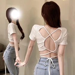 90s Summer Sexy Backless Tie Up Bandage Crop Top Women Short Sleeve Vest Tee Fashion Casual Hollow Out Slim Tank Top Y2K Clothes