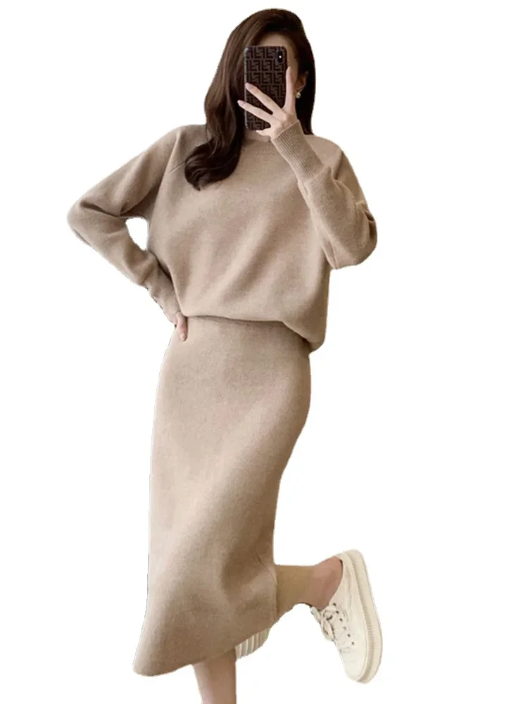 New Elegant Knitted Skirt Set Women Autumn Winter Long Sleeve Casual Loose Pullover Sweater + Slim Skirt Two Piece Sets Runway